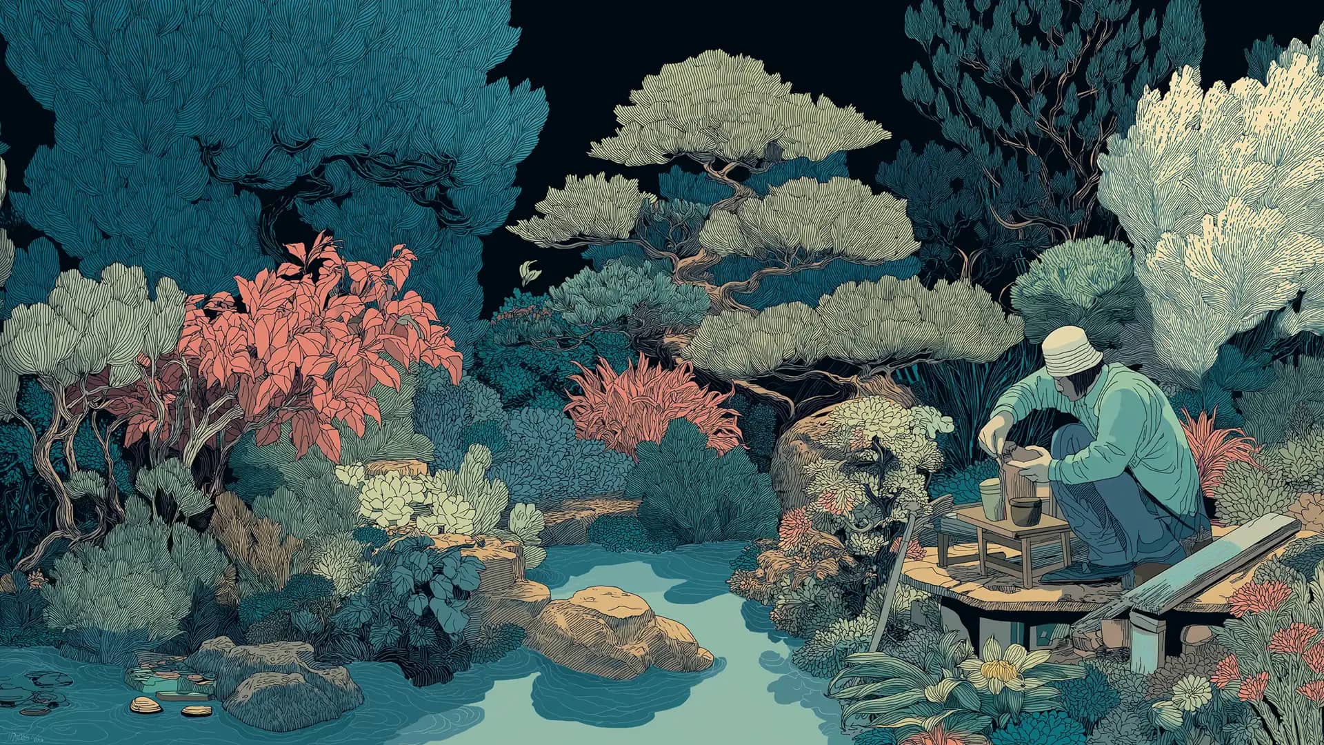 A master carpenter is working on his creation in a cultivated garden