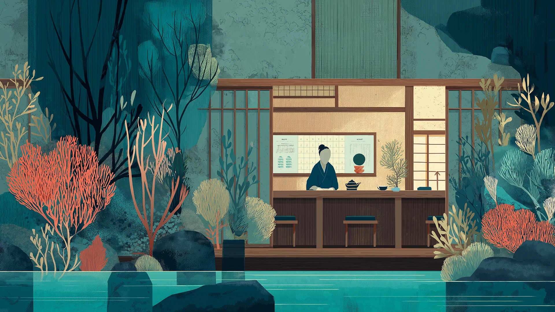 Traditional tea house with modern digital integration.