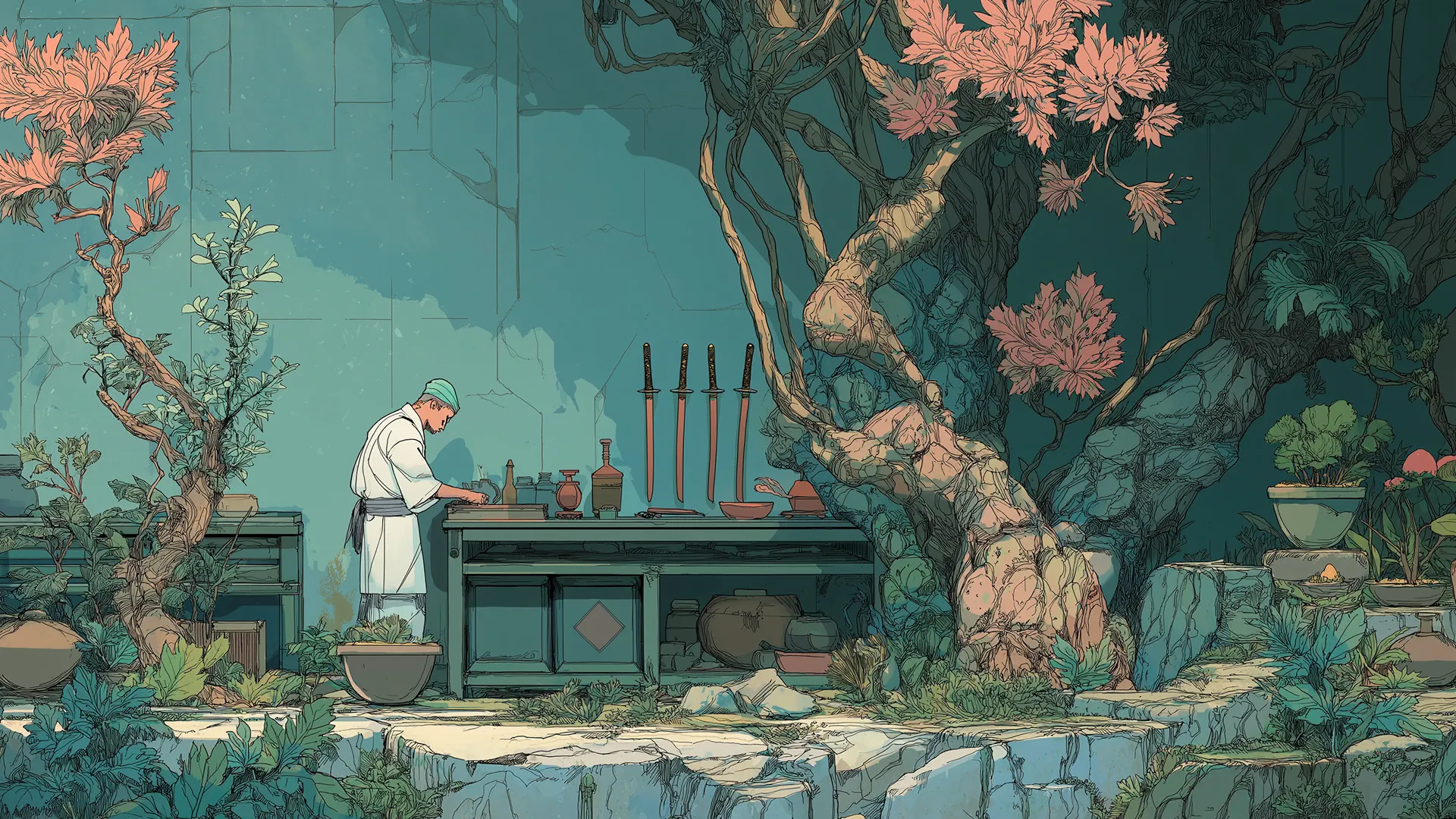 A crafstman works on sharpening his tools as a metahphor for applied AI