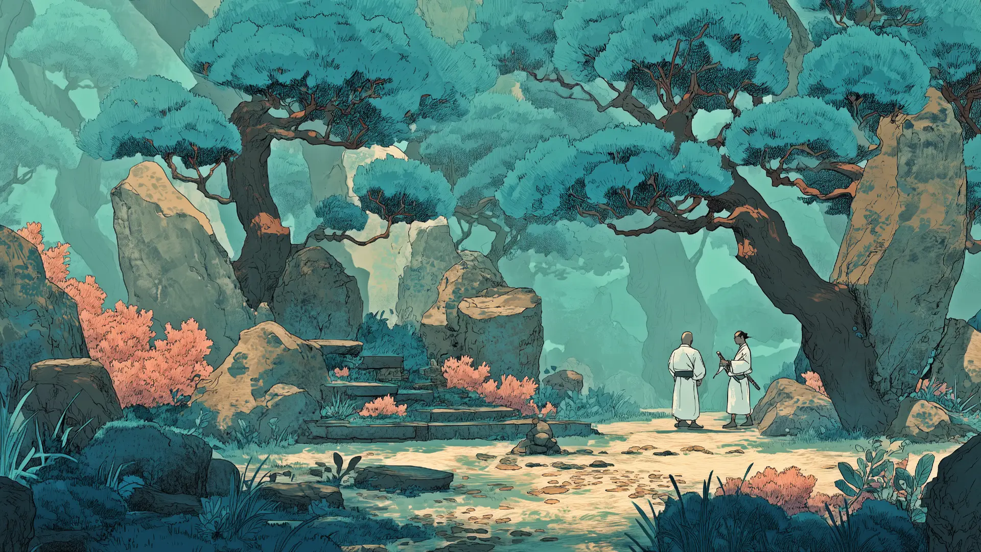 A master craftsman and his apprentice working together in a garden