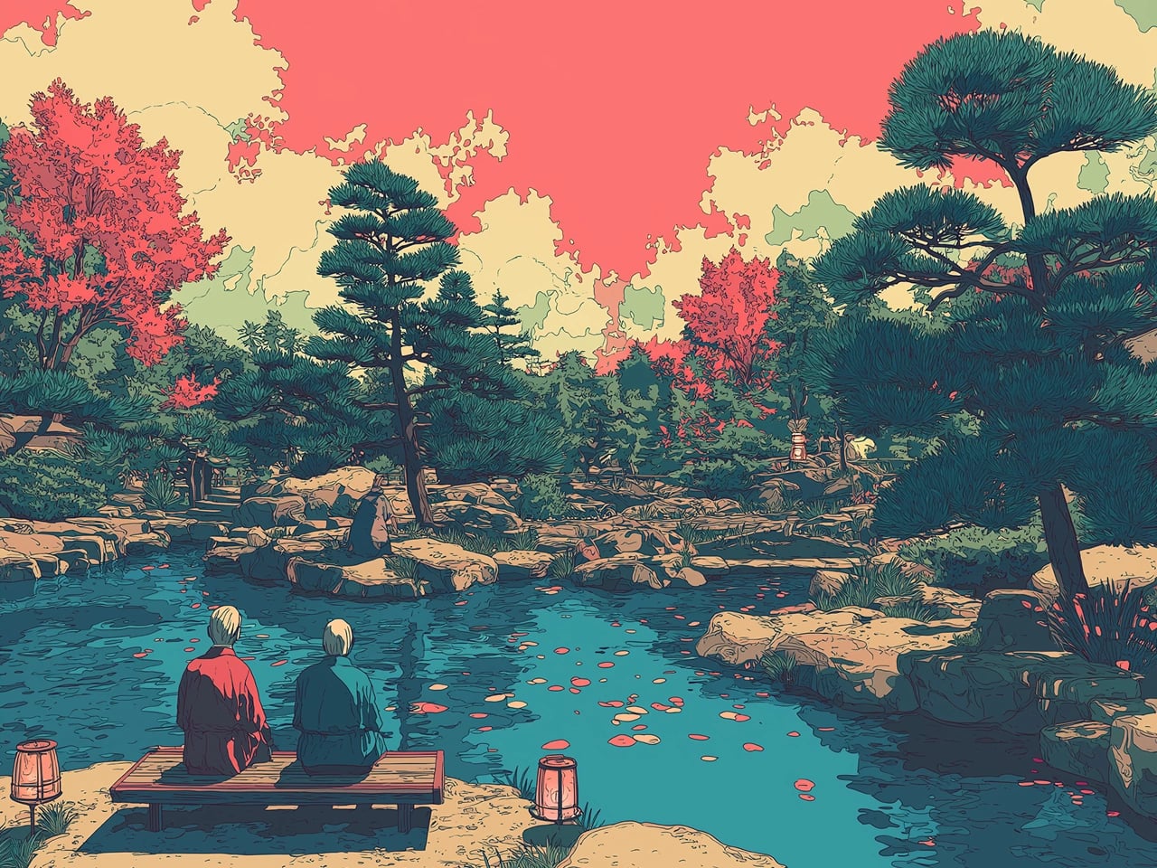 Illustration of two people sitting together on a bench beside a pond in a landscaped garden