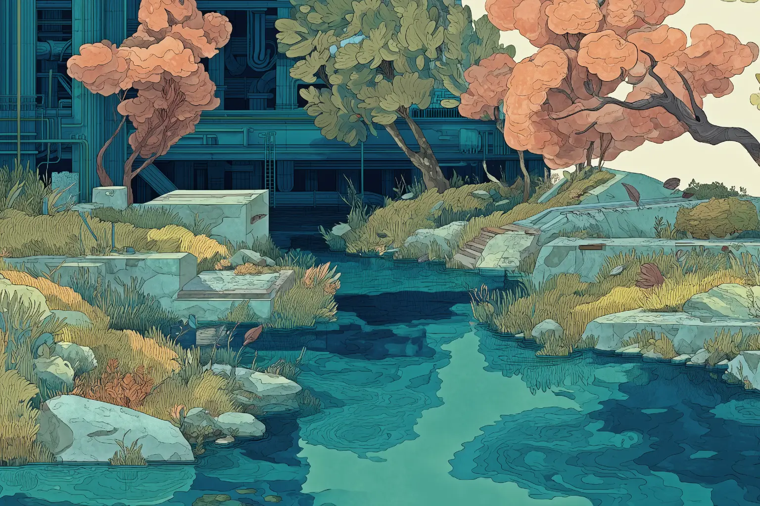 Illustration of a garden pond with trees and a building behind it
