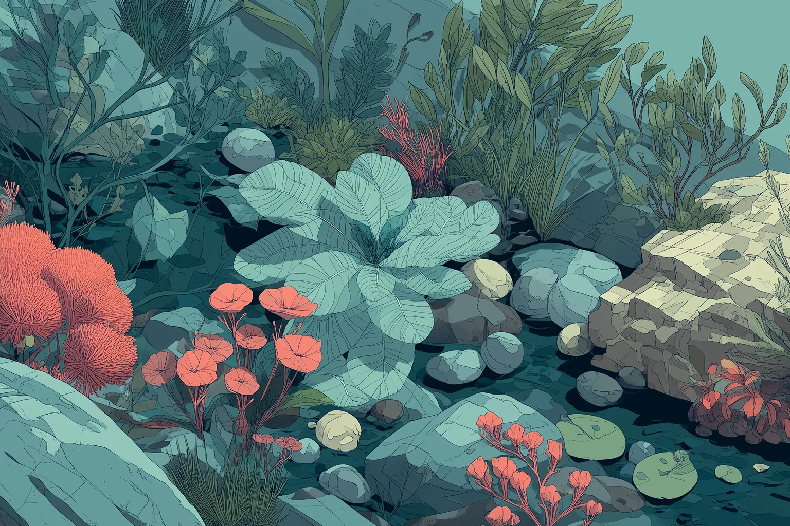 Illustration of a garden of layered planting in green and coral