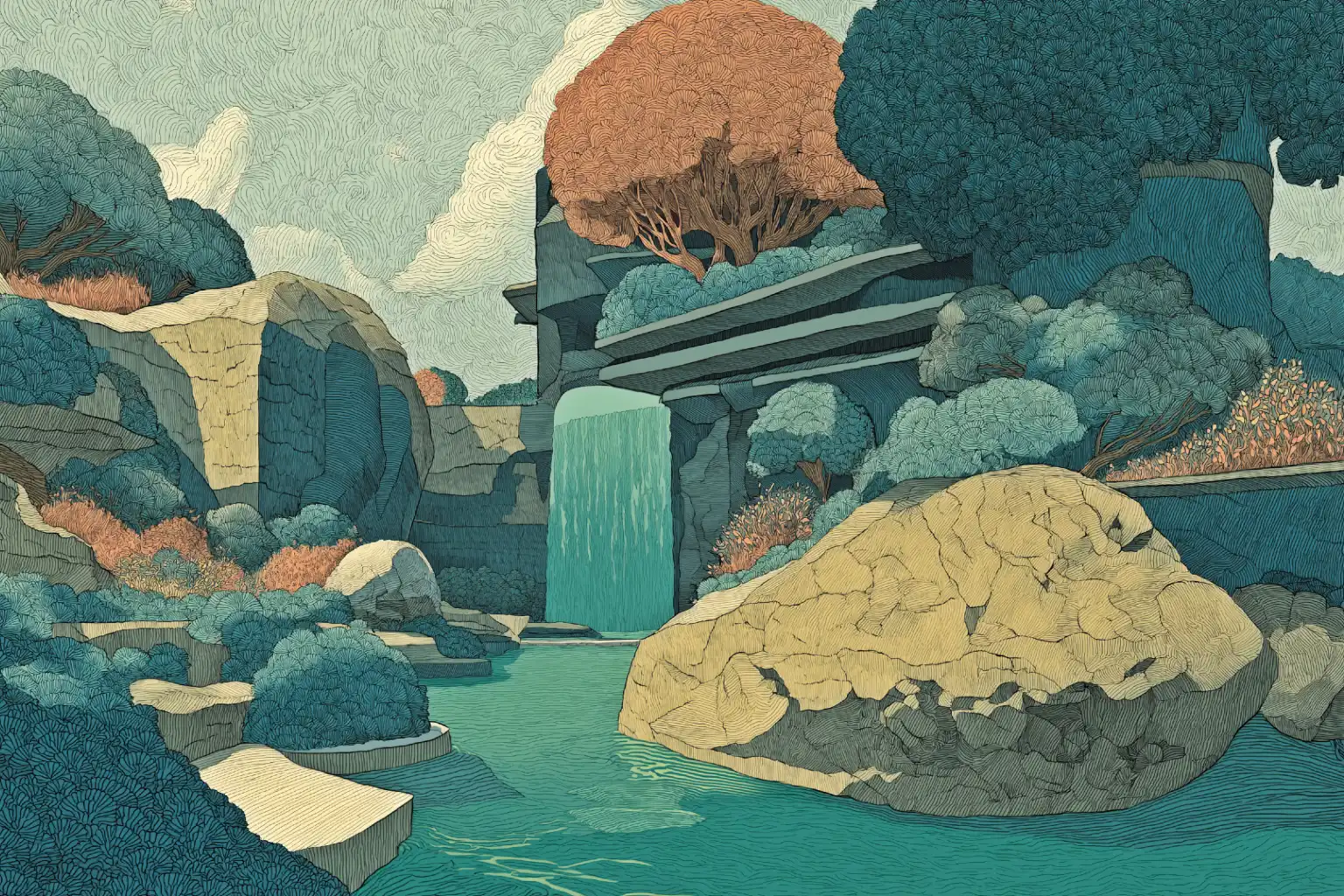 Illustration of a garden with a waterfall running between large boulders