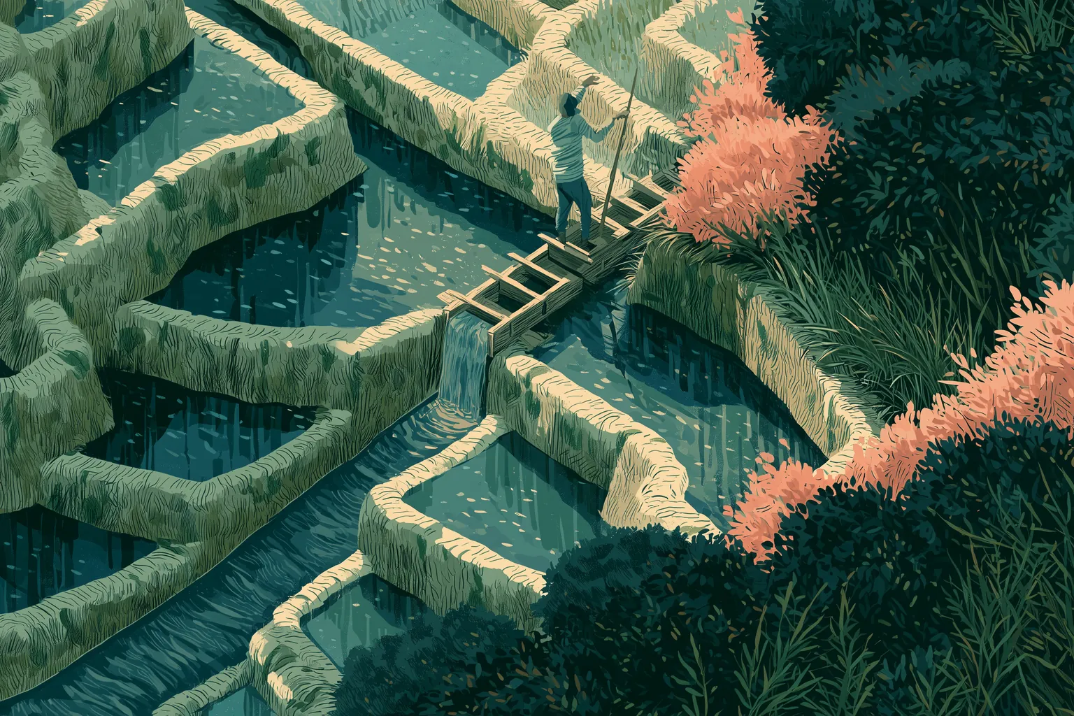 Illustration of a gardener with a pole raising a wooden sluice gate among stepped terraces, releasing water into one lower channel while the other pools lie still, representing a change reaching only the parts that depend on it