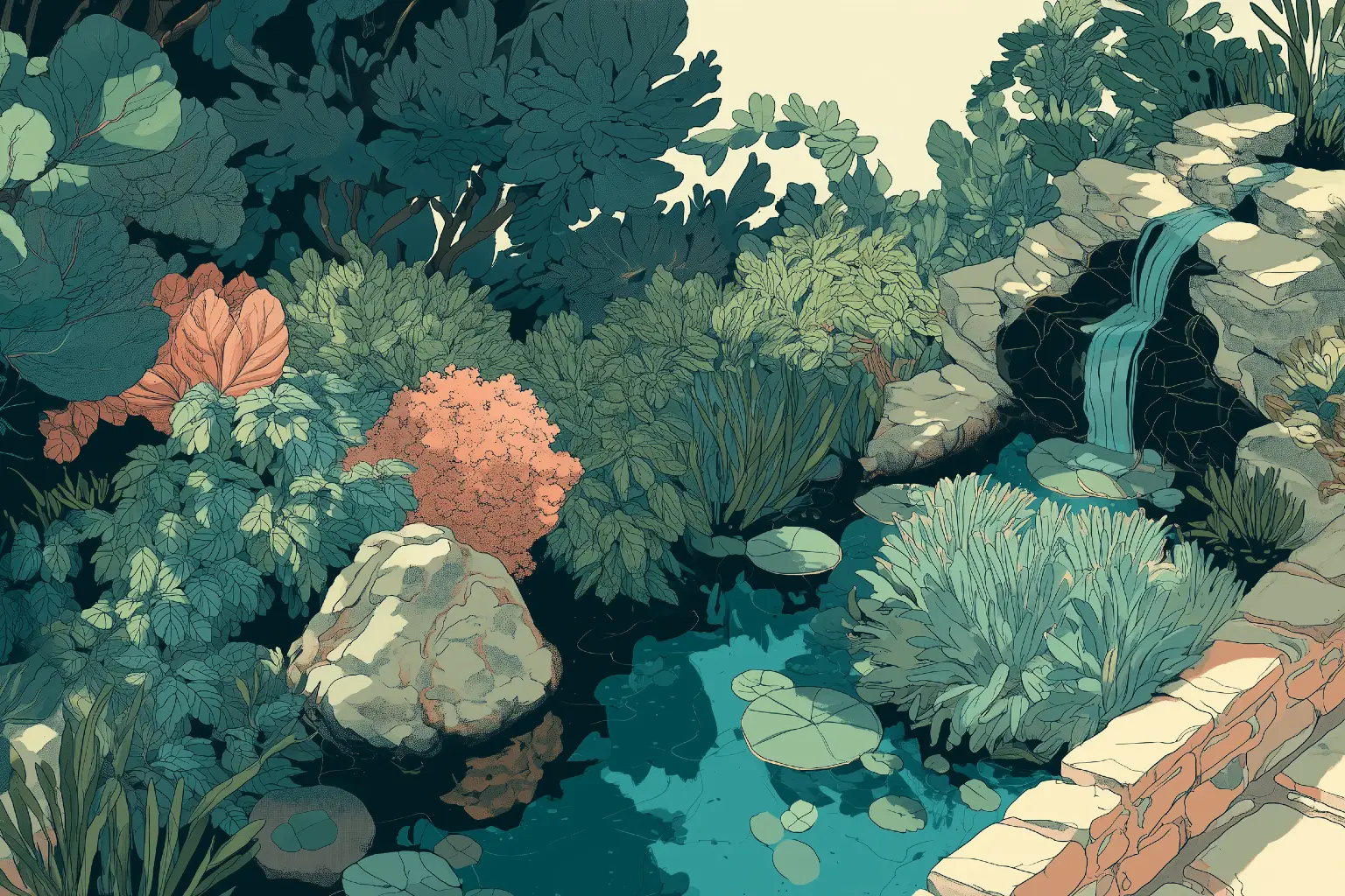 Illustration of a garden with a waterfall and stepping stones