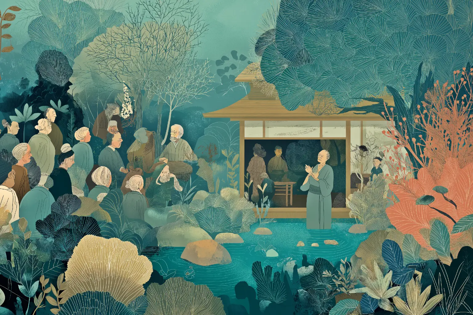Illustration of a crowd gathered around a garden pavilion beside a pond