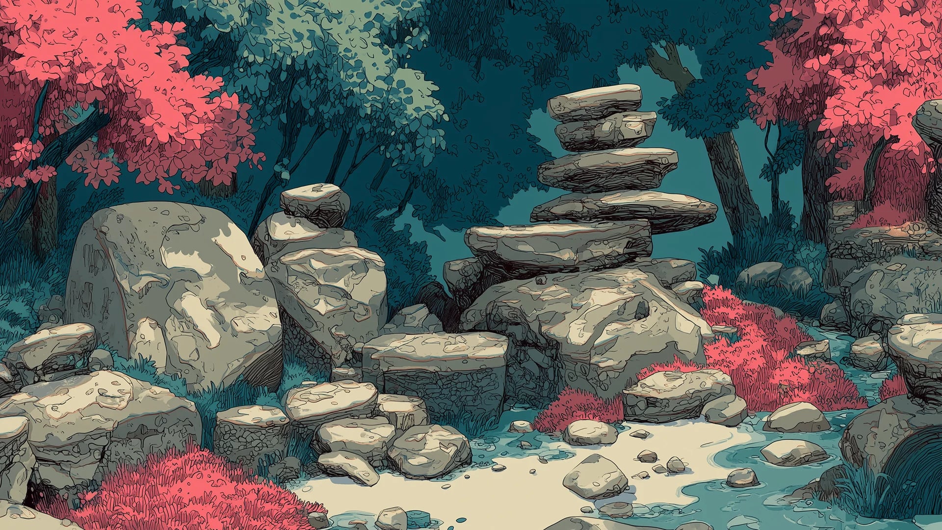 Illustration of stacked stones beside a stream, among red and blue-green foliage