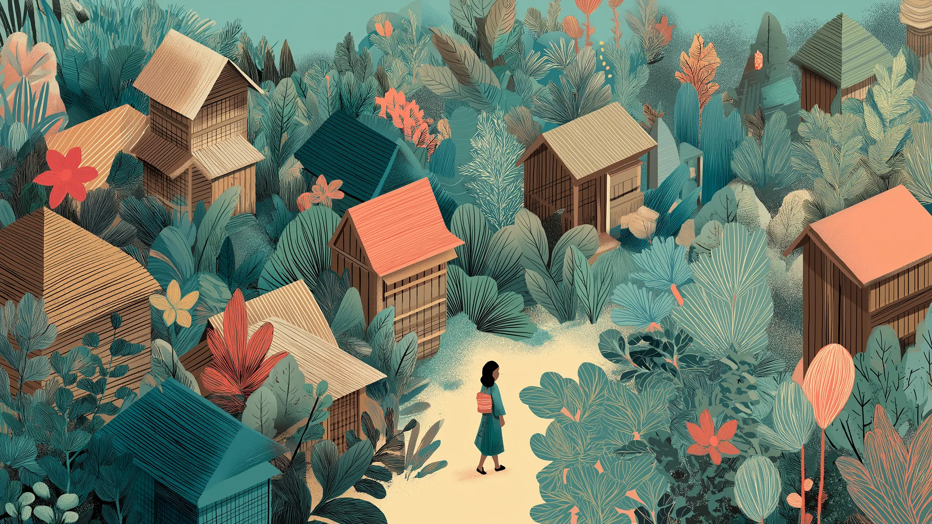 Illustration of a woman walking along a path between wooden houses and dense planting