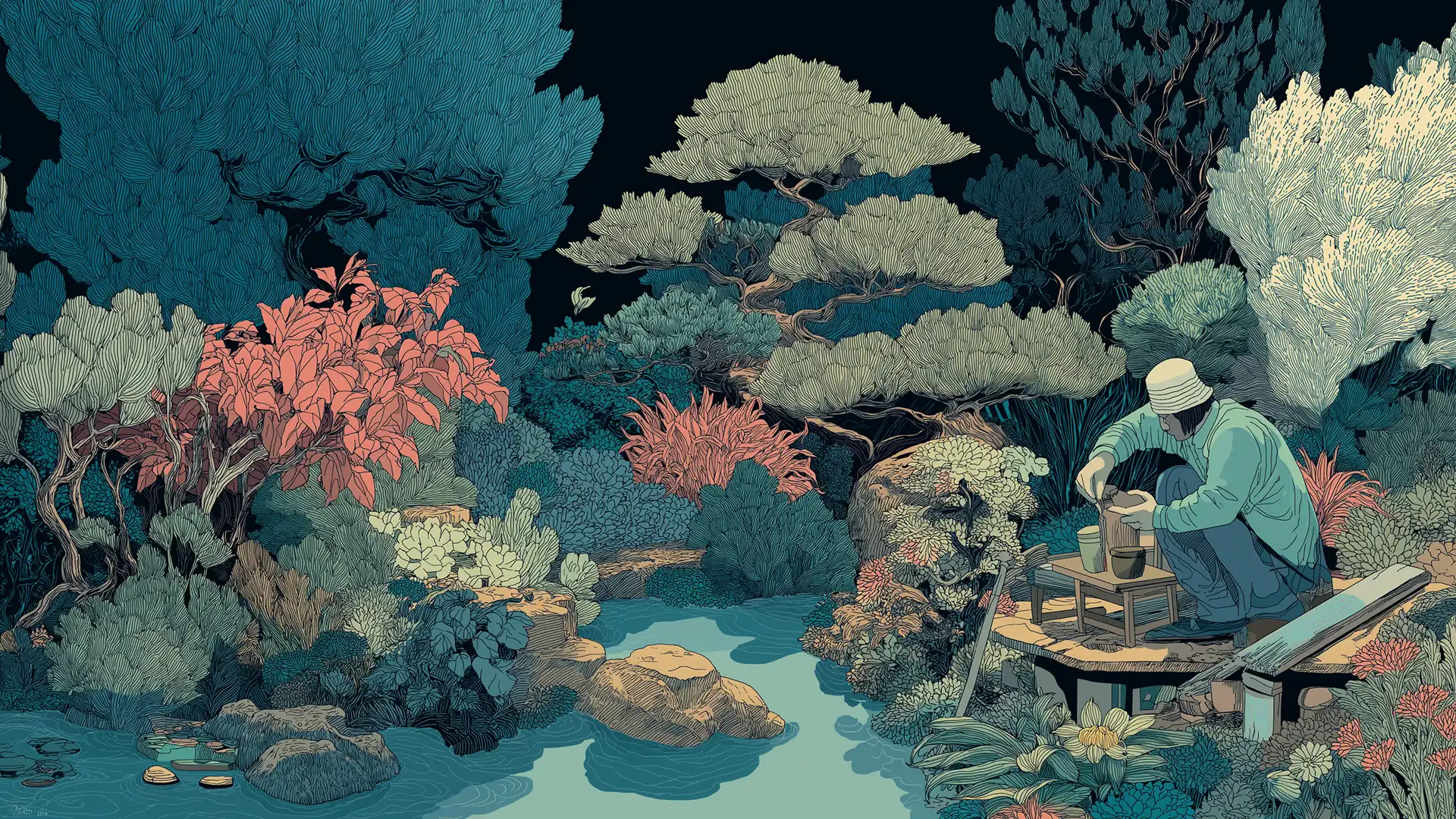 Illustration of a man at a low wooden table, tending plants in a garden at night